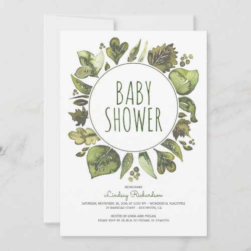 Greenery Wreath Rustic Woodland Leaf Baby Shower Invitation - Rustic woodland laurel - watercolor greenery wreath whimsical baby shower invitations