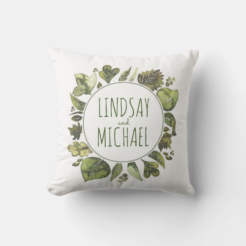 Greenery Wreath Rustic Woodland Watercolor Couple Throw Pillow - Watercolor leaves laurel - greenery wreath whimsical pillow for just married couple