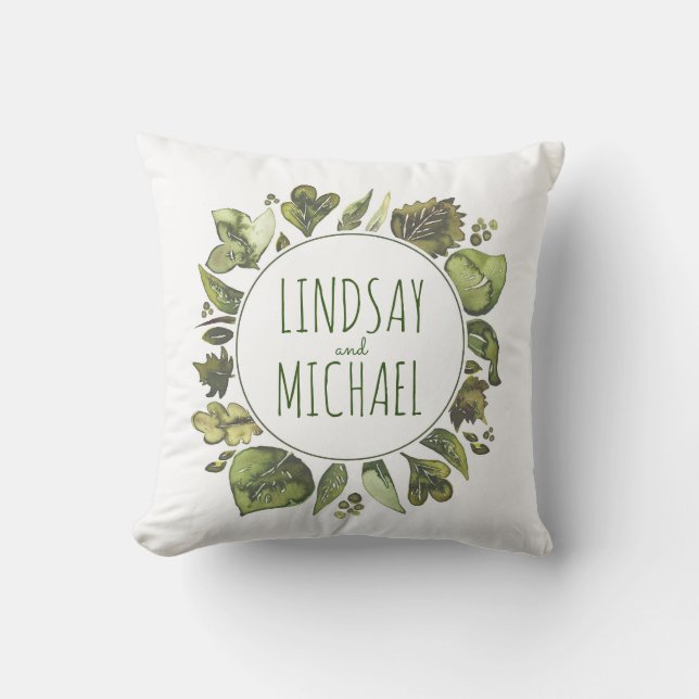 Greenery Wreath Rustic Woodland Watercolor Couple Throw Pillow (Front)