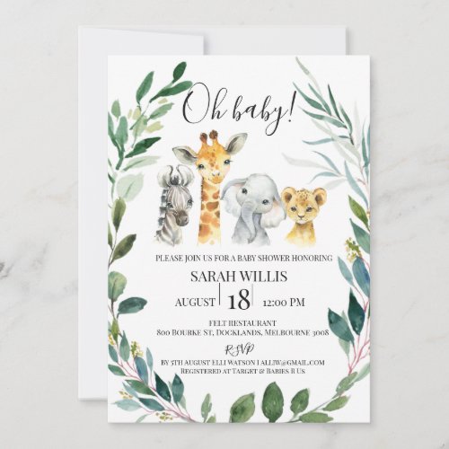 Greenery Wreath Safari Animals Baby Shower Invitation