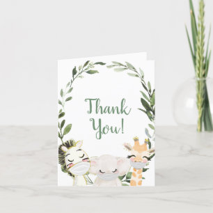 Greenery wreath safari animals masks baby shower letterpress thank you card