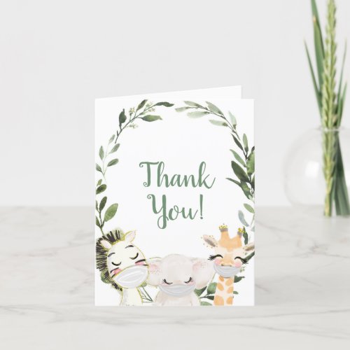 Greenery wreath safari animals masks baby shower thank you card