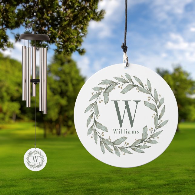 Greenery Wreath Sage Green Monogram Family Name Wind Chime (Outdoor)