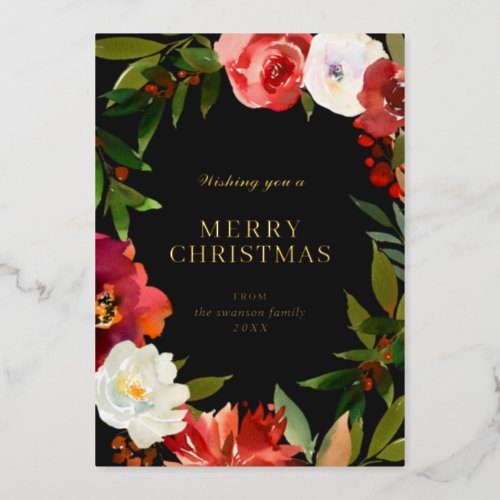 Greenery Wreath Watercolor Black Gold Christmas Foil Holiday Card