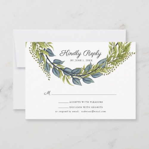 Greenery Wreath Watercolor Dark Blue Wedding RSVP Card