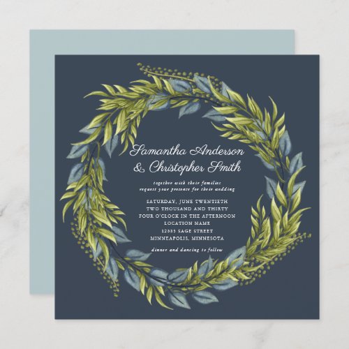 Greenery Wreath Watercolor Dark Teal Blue Wedding Invitation