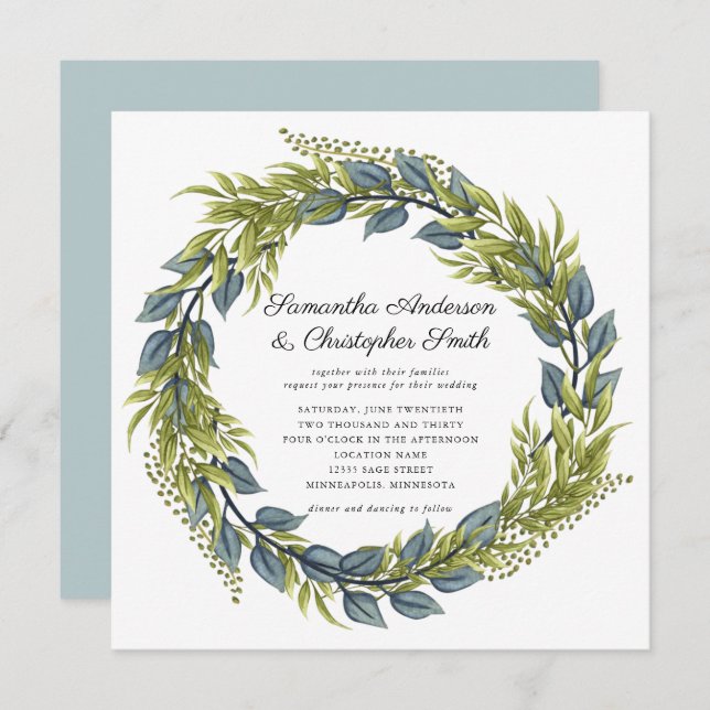 Greenery Wreath Watercolor Green and Teal Wedding Invitation (Front/Back)