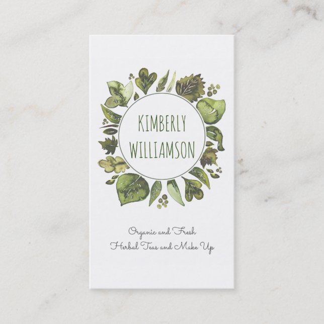 Greenery Wreath Watercolor Laurel Leaves Organic Business Card (Front)