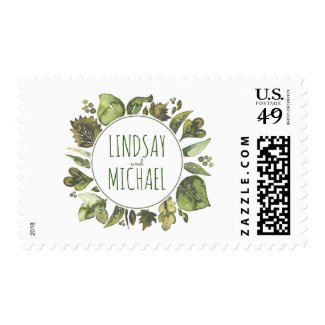 Greenery Wreath Watercolor Laurel Wedding Postage Stamps at UniqueRusticWeddingInvitations.com