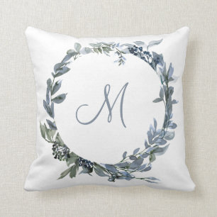 Greenery Wreath Watercolor Monogram Throw Pillow