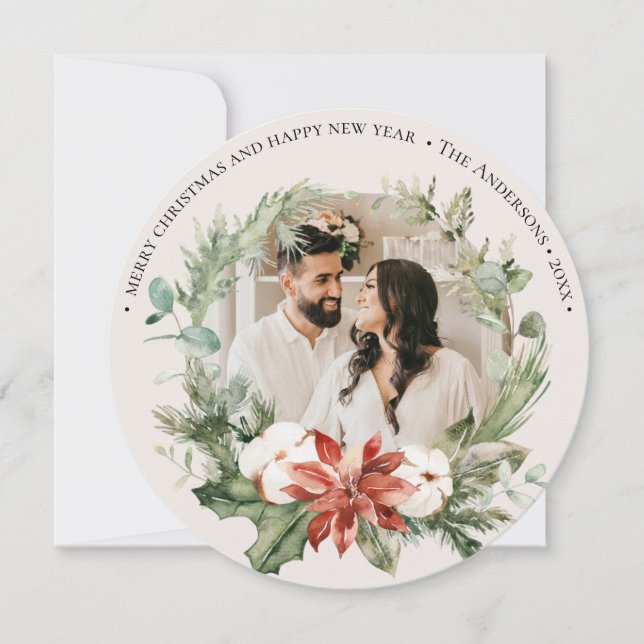  Greenery Wreath Watercolor Photo Round Christmas Card (Front)