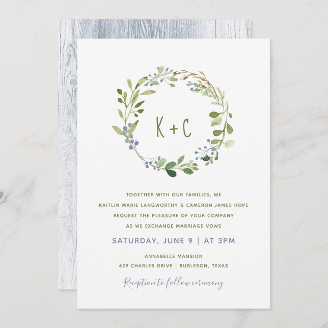 Greenery Wreath Wedding Invitations - Dusty Blue (Front/Back)