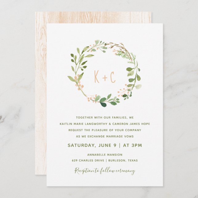 Greenery Wreath Wedding Invitations - Peach (Front/Back)