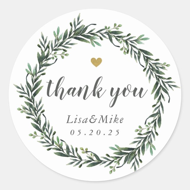 Greenery Wreath Wedding Thank You Classic Round Sticker (Front)