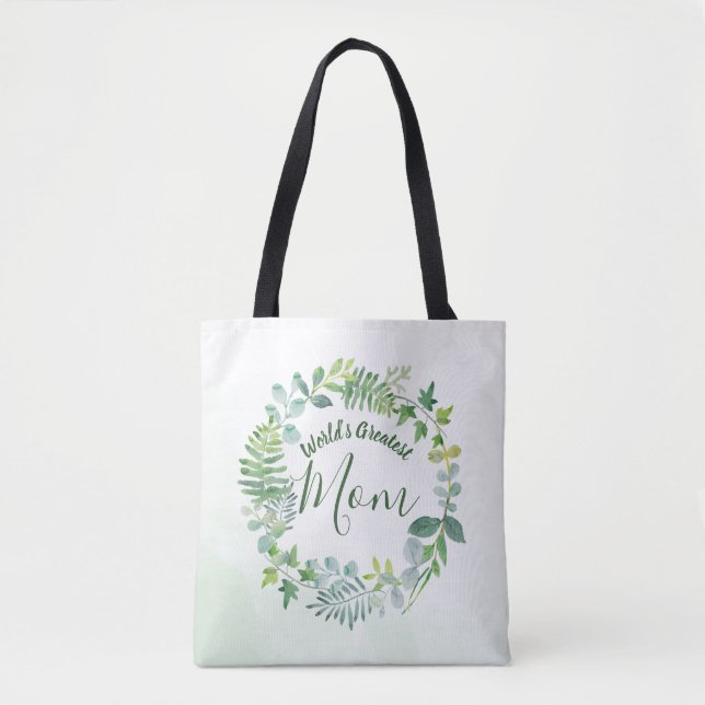 Greenery Wreath World's Greatest Mom Tote Bag (Front)