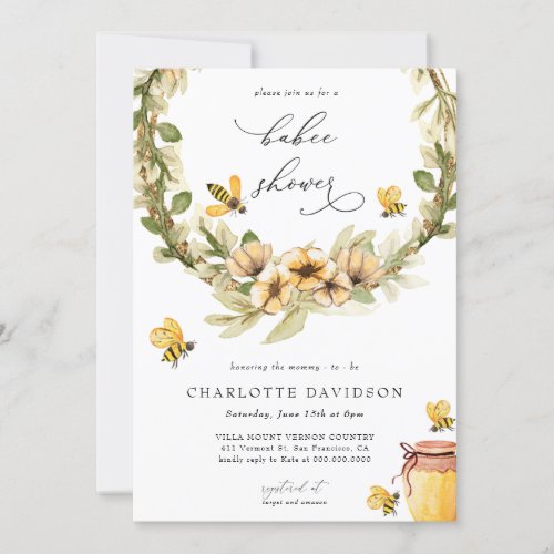 Greenery Yellow Floral Bee Spring Baby Shower Invitation
