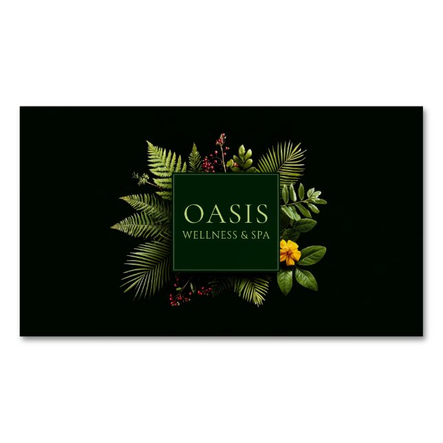 Greenery Yellow Flower Red Berry Black Botanical Business Card Magnet (Front)