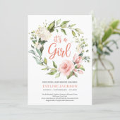 Greeney and blush floral wreath it's a girl baby invitation (Standing Front)