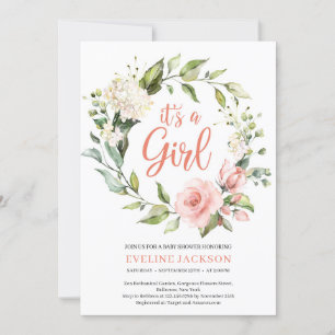 Greeney and blush floral wreath it's a girl baby invitation