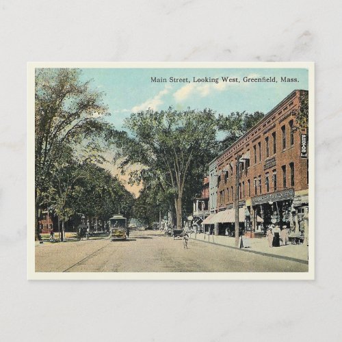 Greenfield Massachusetts Main Street  Vintage Postcard