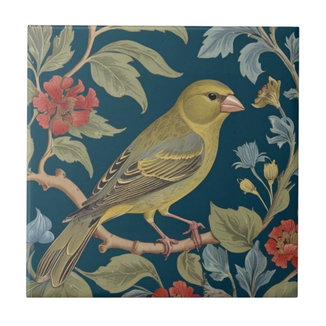 Greenfinch William Morris style R Green Finch Bird Ceramic Tile (Front)