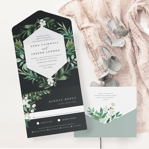Greenhouse  Elegant Watercolor Botanical Wedding All In One Invitation