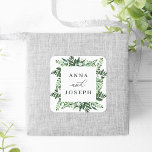 Greenhouse Frame | Watercolor Botanical Wedding Square Sticker<br><div class="desc">Seal your invitation envelopes or favors with these elegant winter botanical wedding stickers featuring your names framed by a square border of lush watercolor foliage in shades of green,  on a crisp white background. Coordinates with our Greenhouse wedding collection.</div>