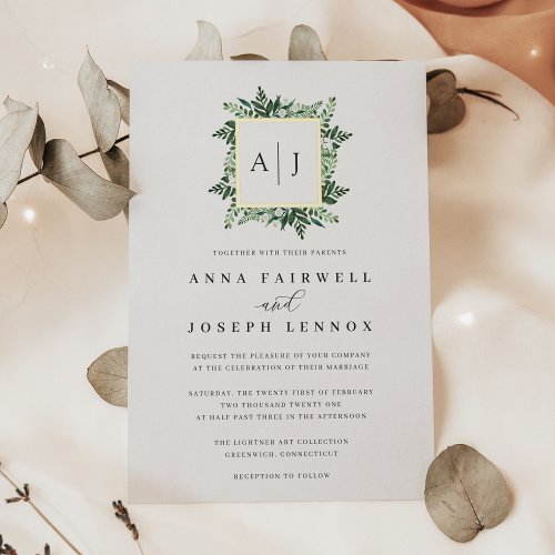 Greenhouse Monogram  Green Botanical Wedding Foil Invitation