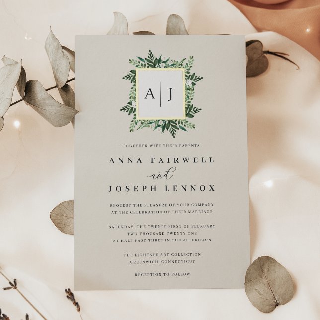 Greenhouse Monogram | Green Botanical Wedding Foil Invitation (Creator Uploaded)