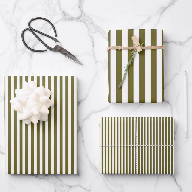 Greenish Brown & White Stripes Wrapping Paper Sheets (Front)