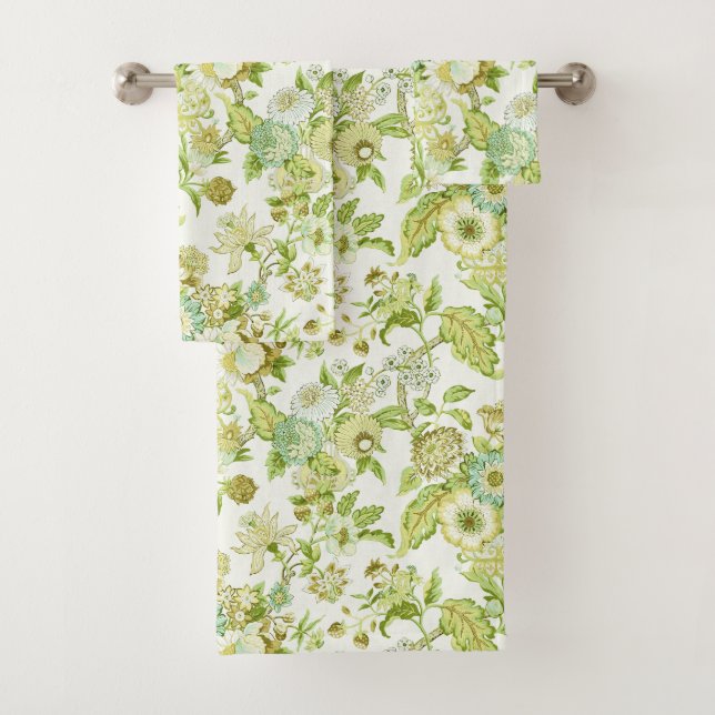 Greenish Floral Pattern Bath Towel Set (Insitu)