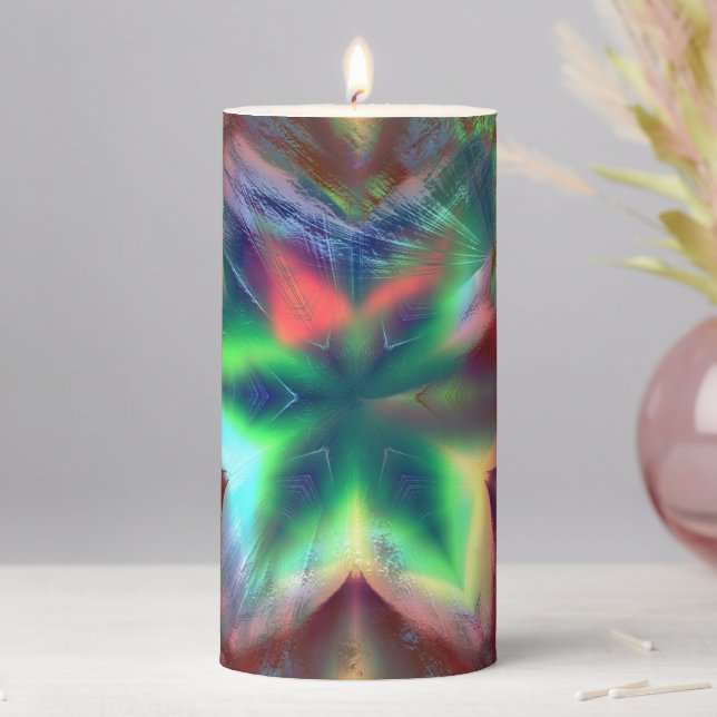 Greenish flower on stained red, under glass effect pillar candle (In Situ)