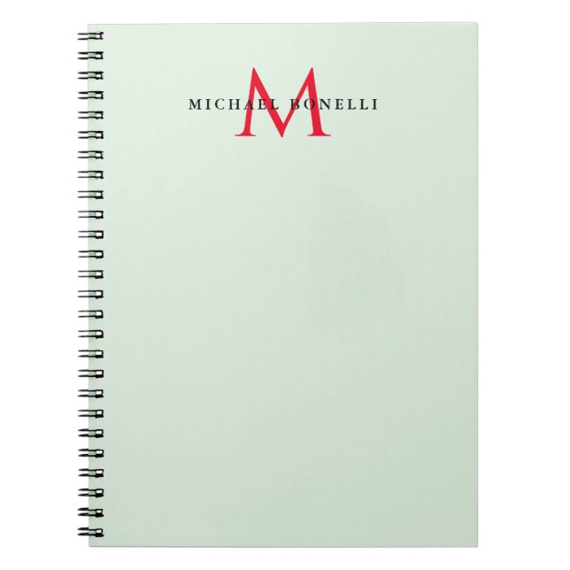 Greenish Grey & Red Monogram Modern Minimalist Notebook (Front)