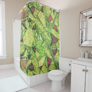 Greenish pale yellow painted volcanic rock drawing shower curtain