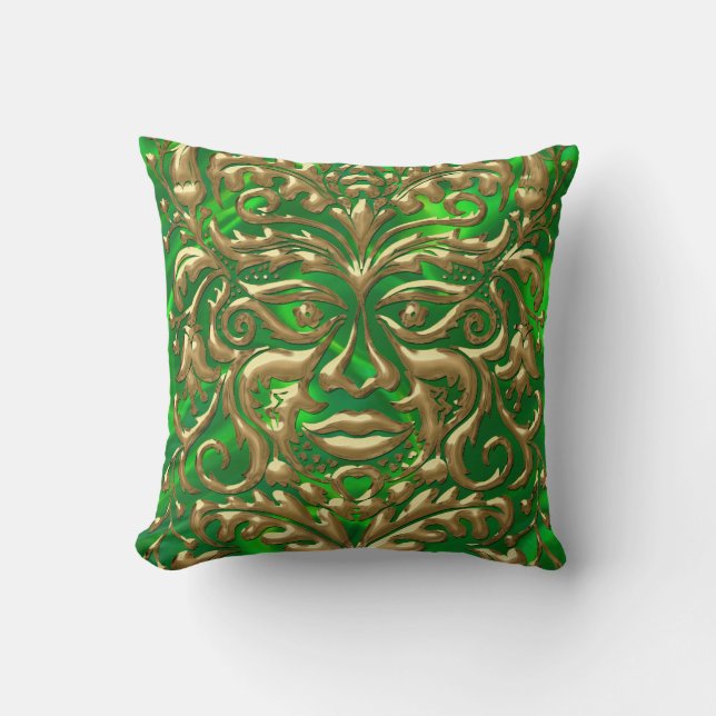 GreenMan in liquid gold damask green satin print Throw Pillow (Front)