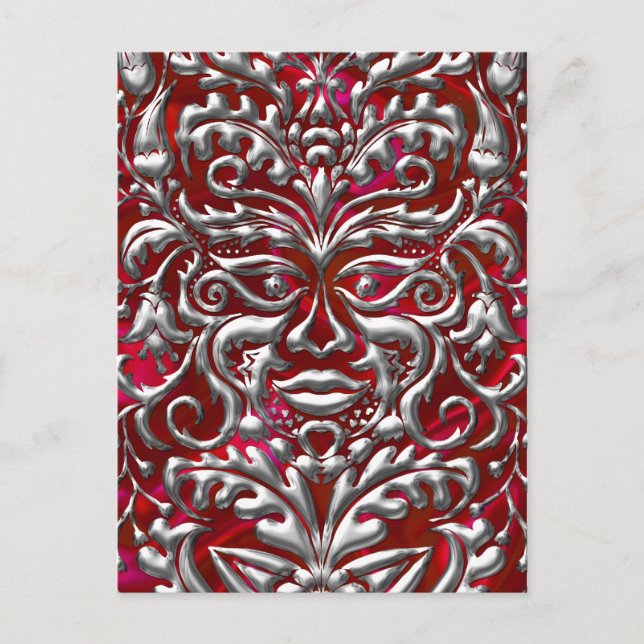 GreenMan in liquid silver damask  red satin print Postcard (Front)