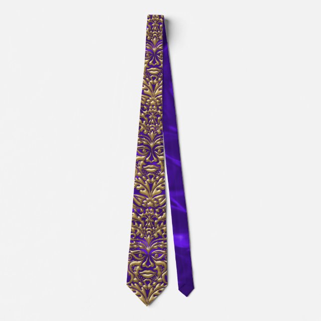 GreenMan liquid gold damask on purple satin print Neck Tie (Front)