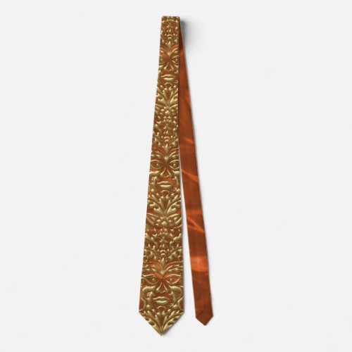 GreenMan liquid gold damask orange satin print Tie