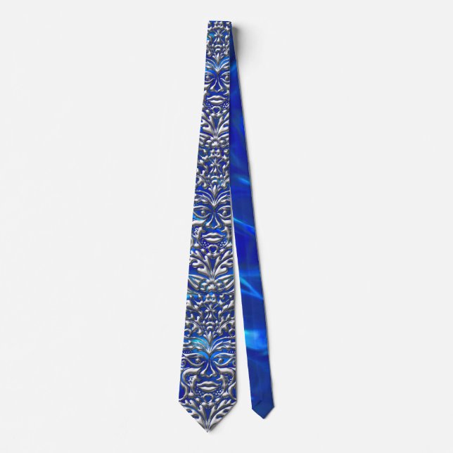 GreenMan liquid silver damask on blue satin print Tie (Front)