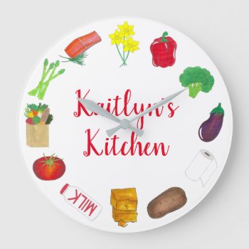 Greenmarket Grocery Shopping Fruit Vegetable Foods Large Clock by rebeccaheartsny at Zazzle