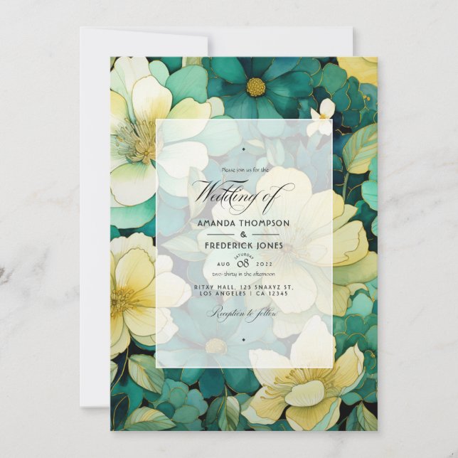 Greens and Golds Floral Summer Wedding Invitation (Front)