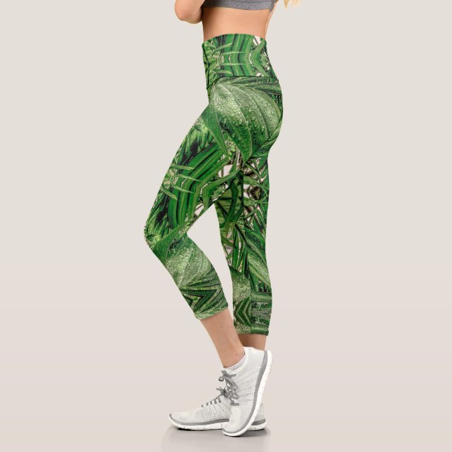 Greens and Raindrops Pattern Capri Leggings (Left)
