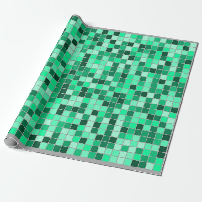 Greens/Teals Tiles Pattern (Gray Background) Wrapping Paper (Unrolled)