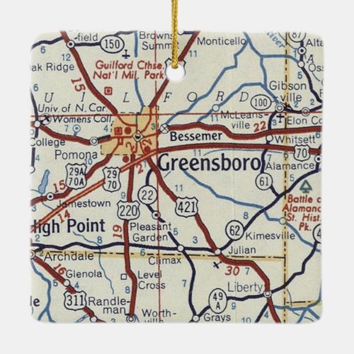 Greensboro NC Vintage Map Ceramic Ornament
