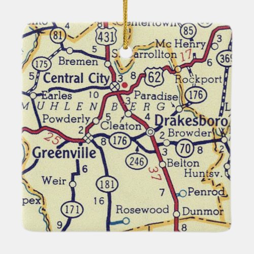 Greenville KY Vintage Map Ceramic Ornament