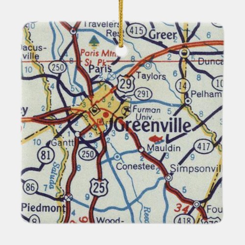 Greenville SC Vintage Map Ceramic Ornament