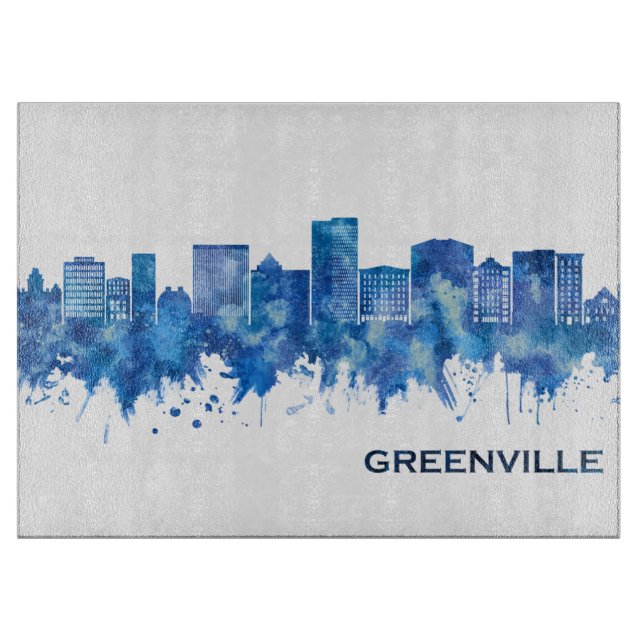Greenville South Carolina Skyline Blue Cutting Board (Front)