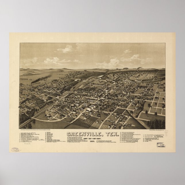 Greenville Texas 1886 Antique Panoramic Map Poster (Front)