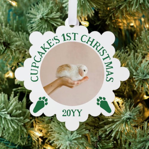 GreenWhite Rabbit Paw Prints Bunnys 1st Christmas Ornament Card
