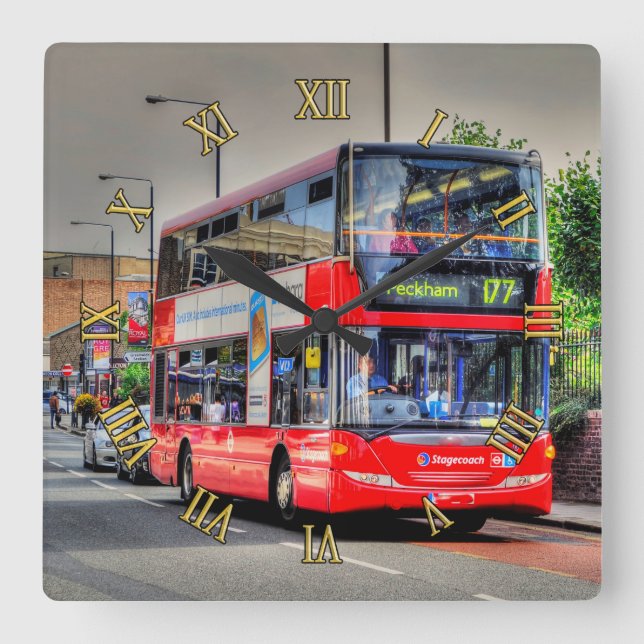 Greenwich to Peckham Doubledecker Bus Scene Square Wall Clock (Front)